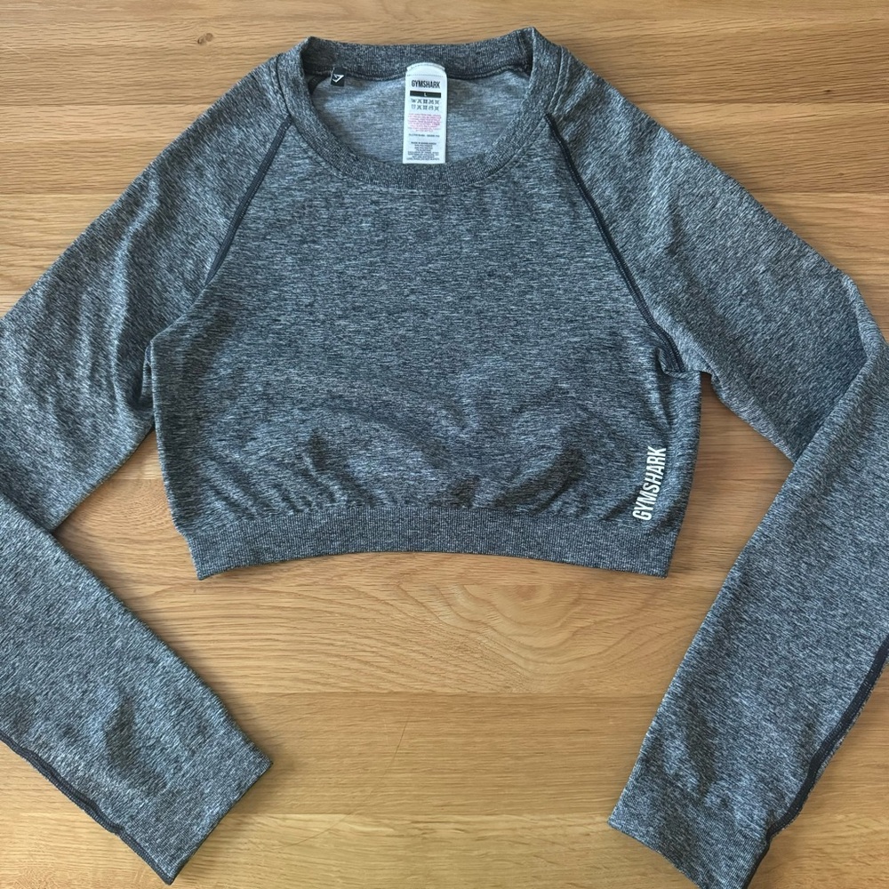 GYMSHARK ADAPT MARL SEAMLESS LONG SLEEVE CROP TOP ATHLETIC ACTIVEWEAR GRAY LARGE - Picture 2 of 5